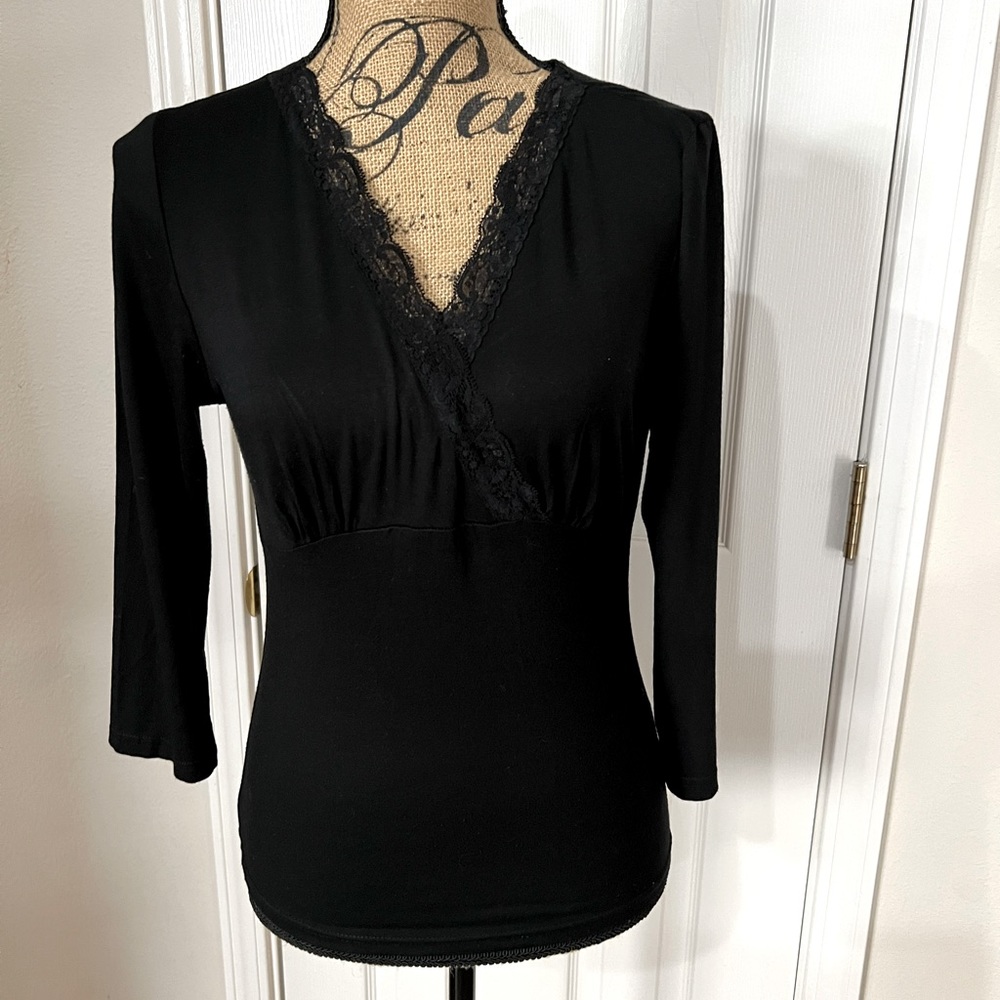 CAbi 311 Black V-neck Surplice 3/4 sleeve cami with lace neckline